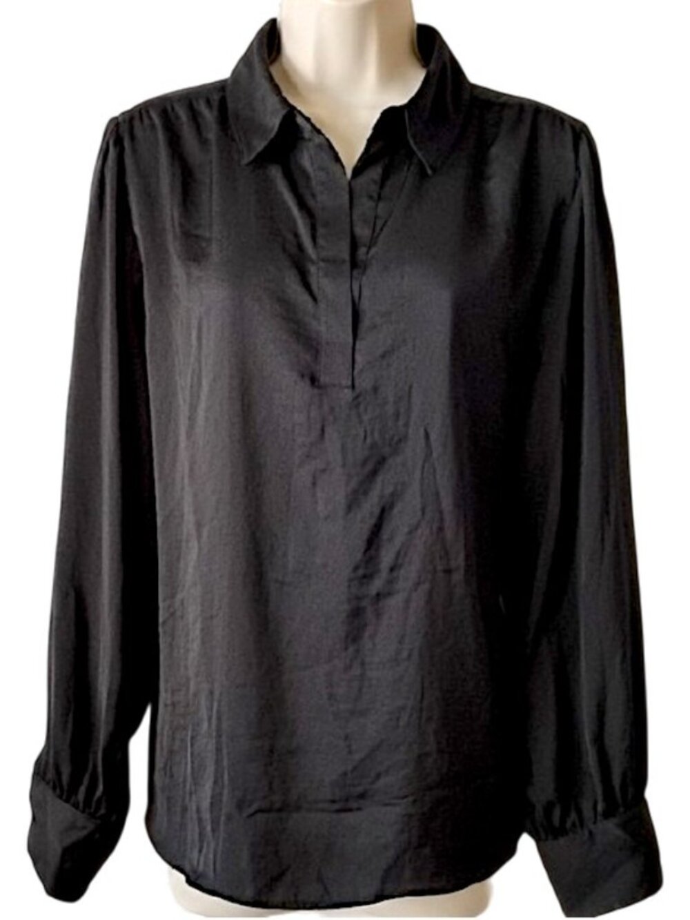 Banana Republic Pullover Collared V-Neck Long Sleeve Blouse L Black